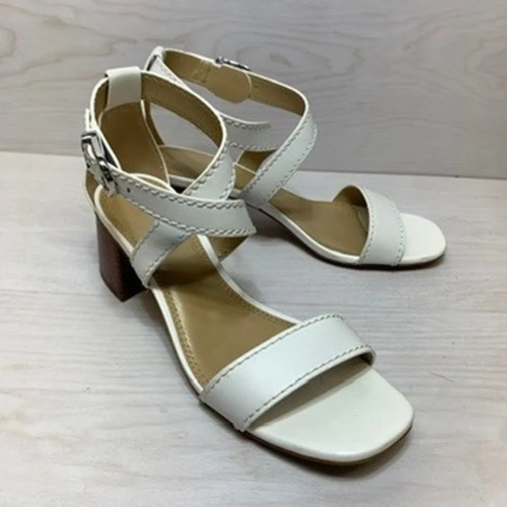 Michael Kors White Leather Block Heel Sandals‎ Square Toe Strappy Womens 9M